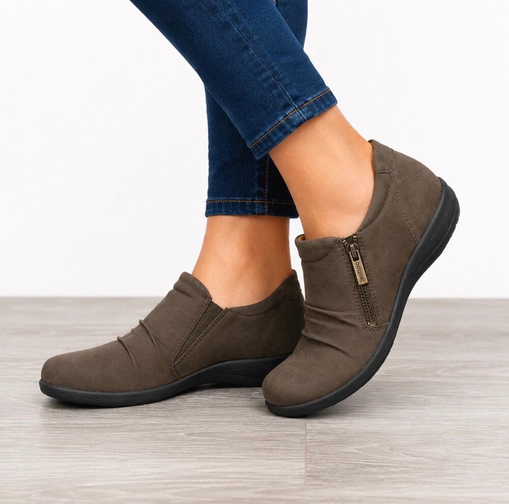 Aetrex Katie Brown Nubuck Slip On Shoes Women’s US 7 Wide Side Zip Comfort